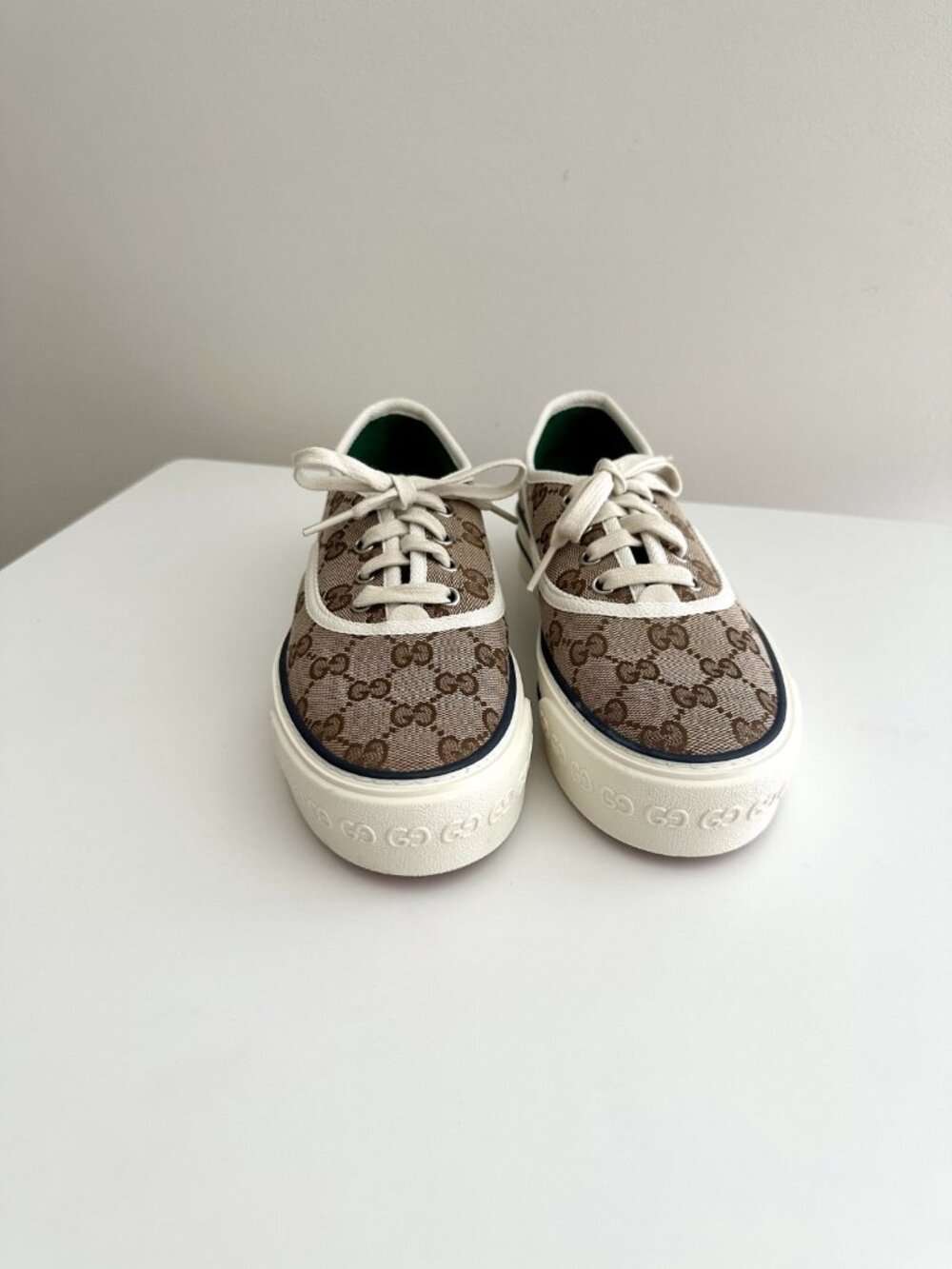 Women's GUCCI GG Logo Brown Canvas Tennis 1977 Platform Sneakers Size 37 - Picture 2 of 12
